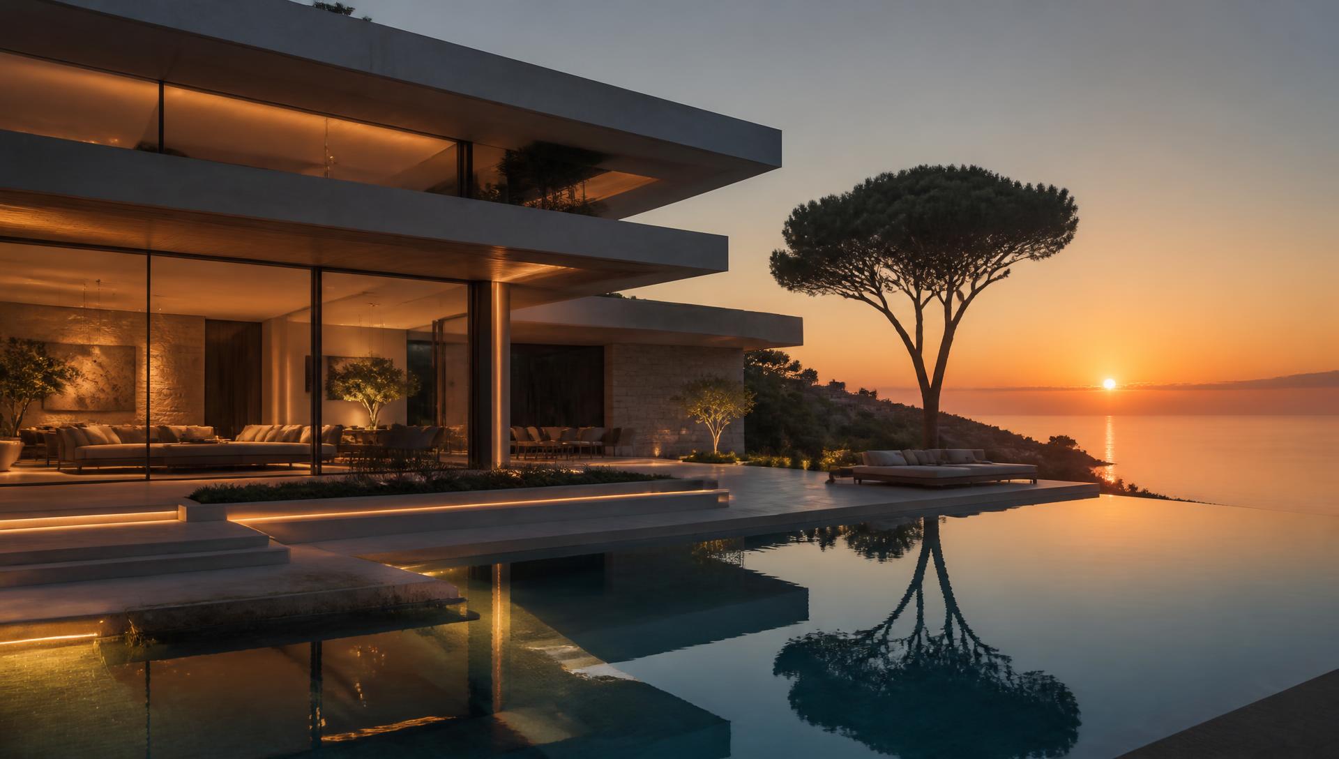 Villa contemporanea con piscina al tramonto sul mare